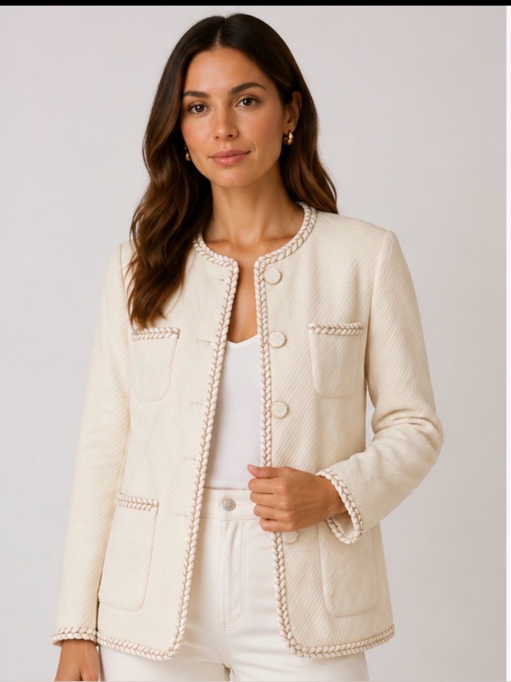 Wanger Cream Textured Jacket Small Braided Trim Button Front